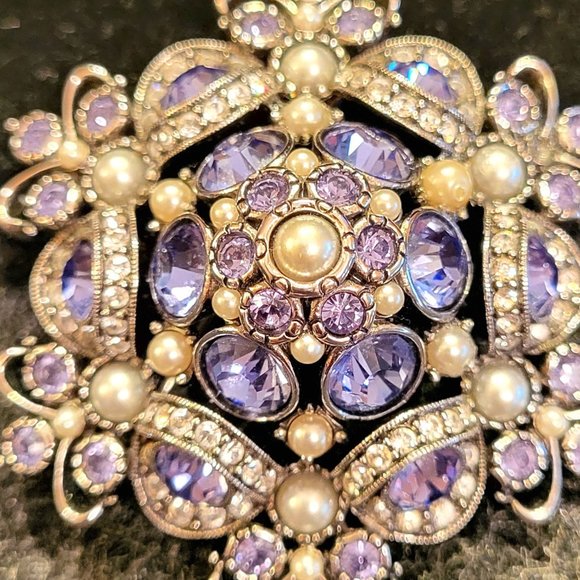 Joan Rivers Silver Dome Brooch w/ Purple, Clear Rhinestones and Faux Pearls - Picture 3 of 6